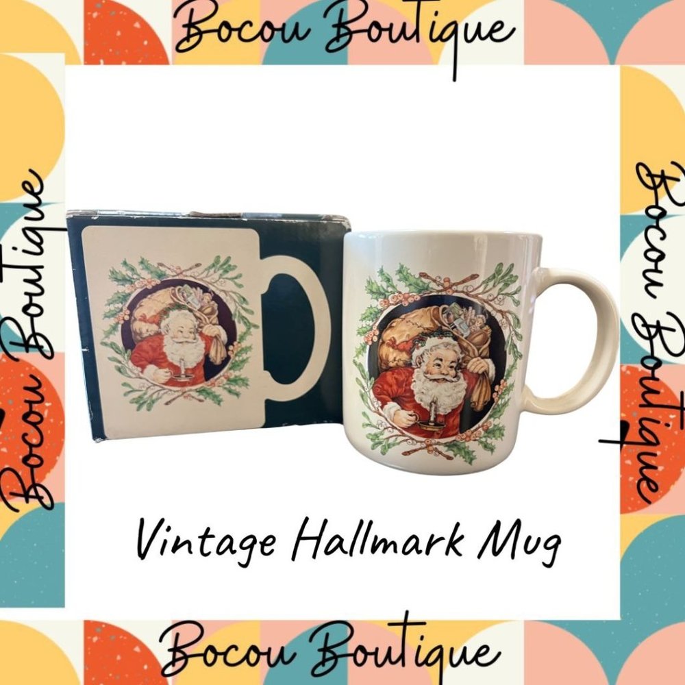 Vintage Hallmark Santa Claus St Nick Merry Christmas Mistletoe Wreath Coffee Mug